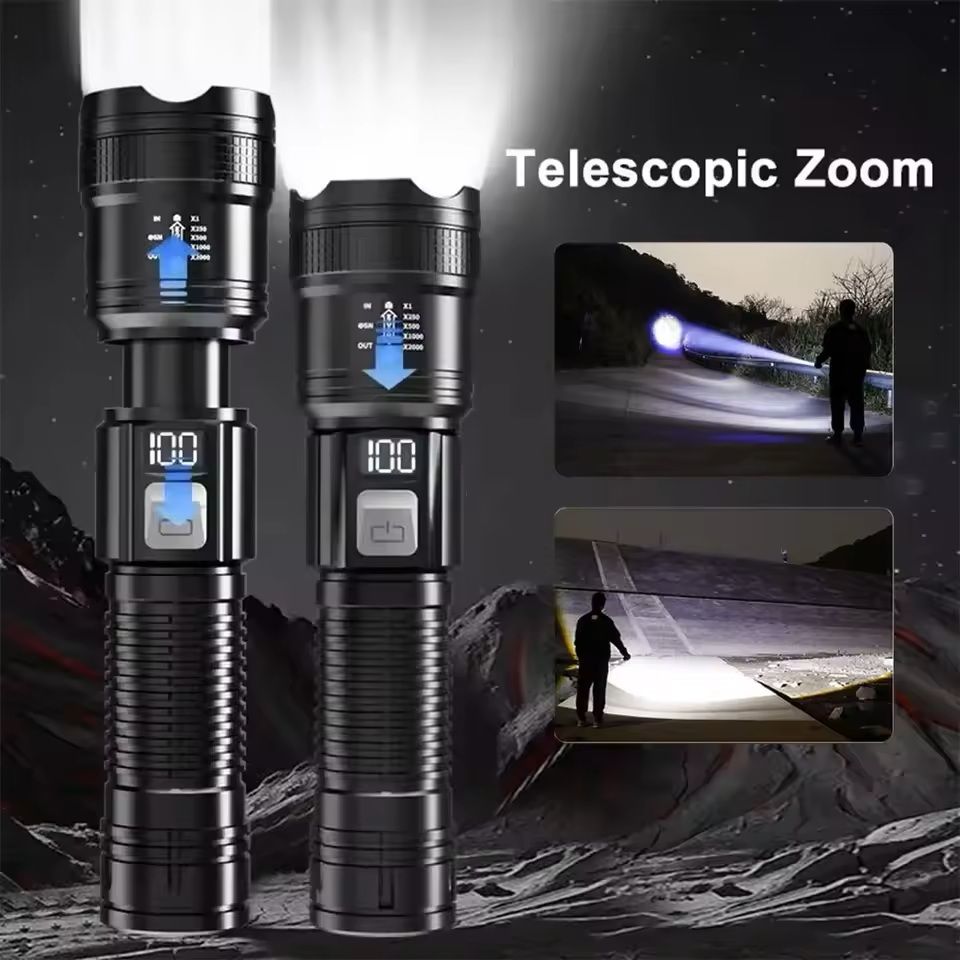 High-Lumen Tactical LED Flashlight – Rechargeable Zoom Torch with USB Charging & Display for Camping, Hiking & Emergency