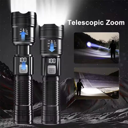 High-Lumen Tactical LED Flashlight – Rechargeable Zoom Torch with USB Charging & Display for Camping, Hiking & Emergency