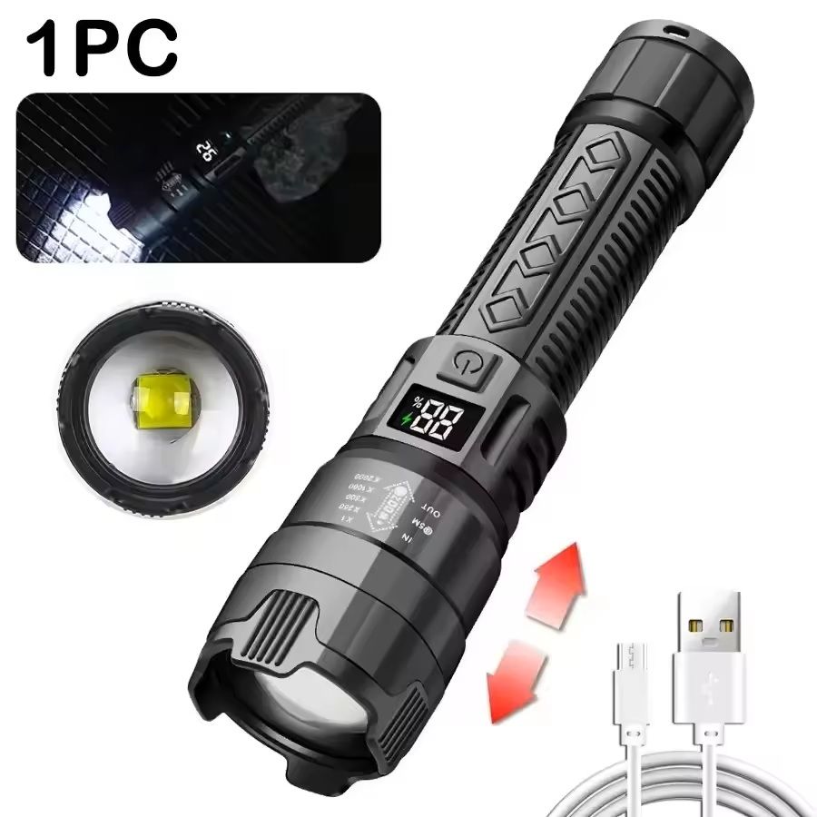 HighLumen Tactical LED Flashlight  Rechargeable Zoom Torch With USB Charging  Display For Camping H 4