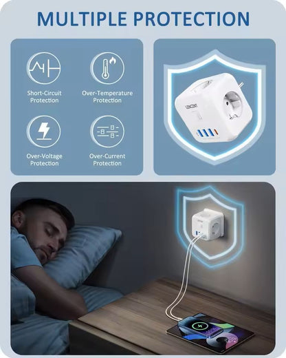 PowerHub 7in1 Wall Socket Extender  EU Plug With 3 AC Outlets 3 USB Ports And TypeC Fast Charging 0