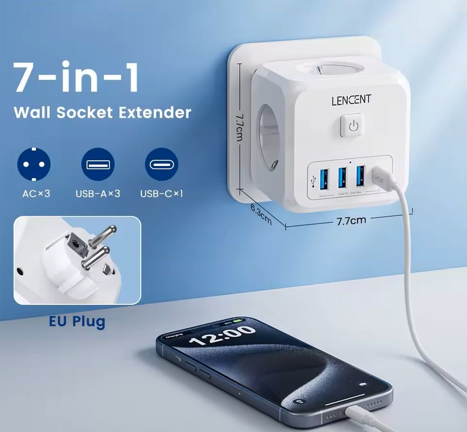 PowerHub 7-in-1 Wall Socket Extender – EU Plug with 3 AC Outlets, 3 USB Ports, and Type-C Fast Charging