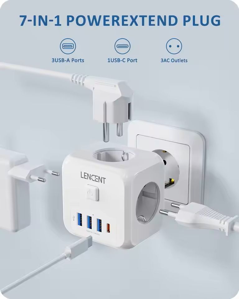 PowerHub 7in1 Wall Socket Extender  EU Plug With 3 AC Outlets 3 USB Ports And TypeC Fast Charging 5