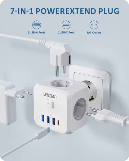 PowerHub 7in1 Wall Socket Extender  EU Plug With 3 AC Outlets 3 USB Ports And TypeC Fast Charging 5