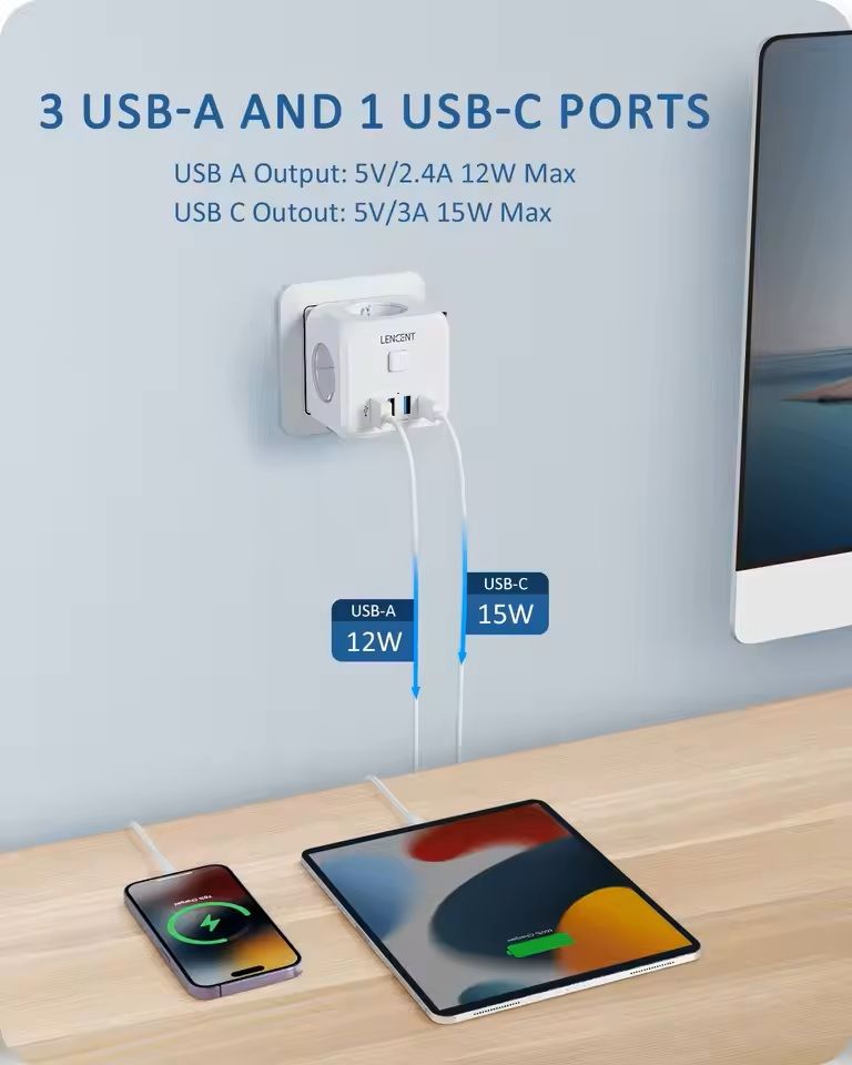 PowerHub 7in1 Wall Socket Extender  EU Plug With 3 AC Outlets 3 USB Ports And TypeC Fast Charging 8