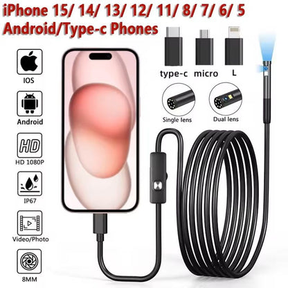 8mm 1080P Waterproof Endoscope Camera – Compatible with iPhone, Android, and Type-C Devices