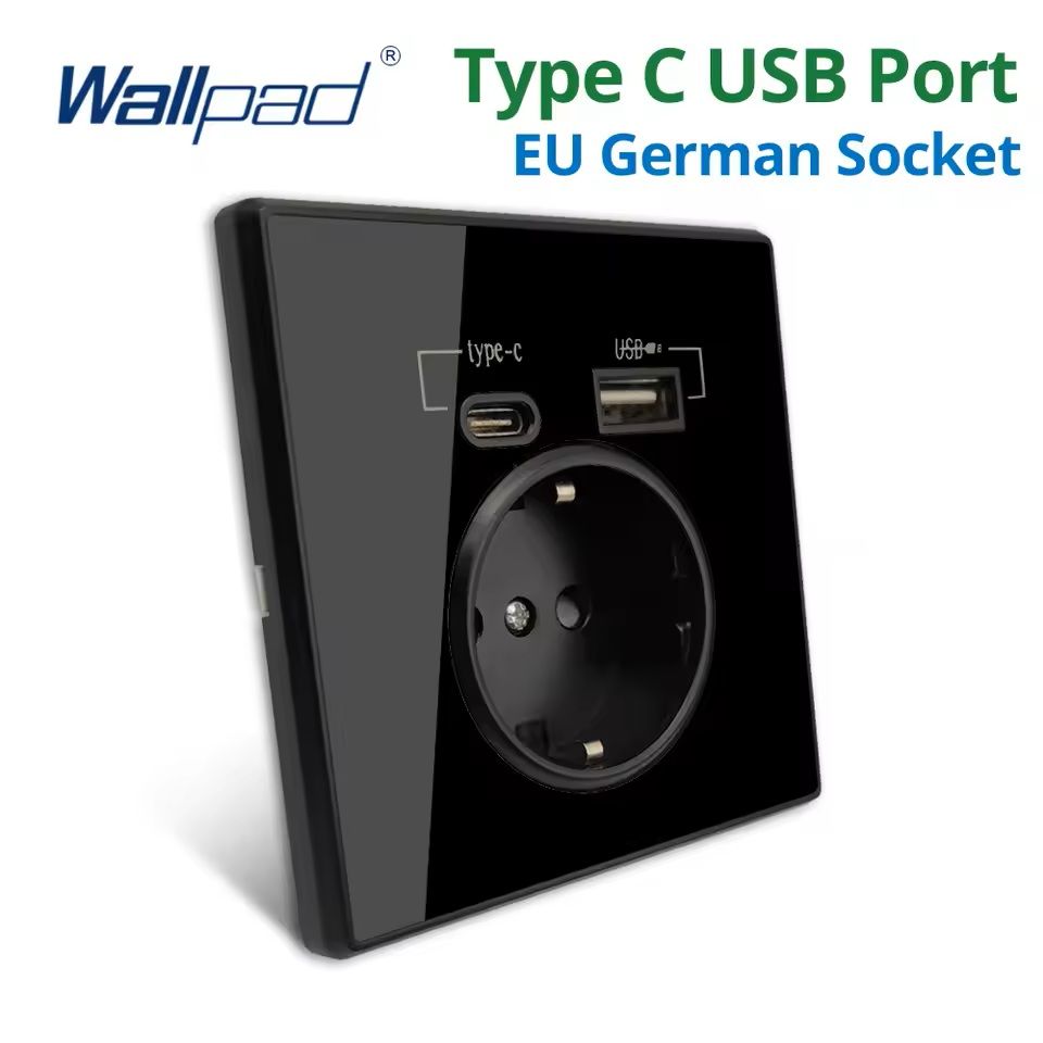 Sleek Crystal Panel Wall Outlet with Dual USB Charging – Type-C & Type-A Ports, EU Standard