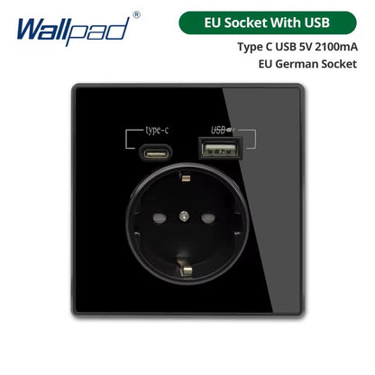 Sleek Crystal Panel Wall Outlet With Dual USB Charging  TypeC  TypeA Ports EU Standard 6