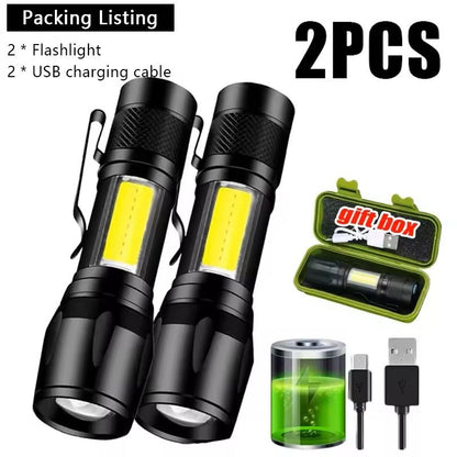Mini LED Flashlight with COB+XPE – USB Rechargeable, Zoomable Focus, Tactical Design with Pen Clip