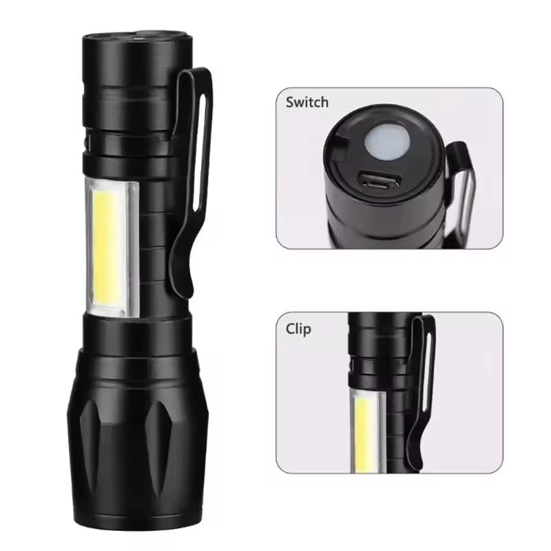 Mini LED Flashlight With COBXPE  USB Rechargeable Zoomable Focus Tactical Design With Pen Clip 3