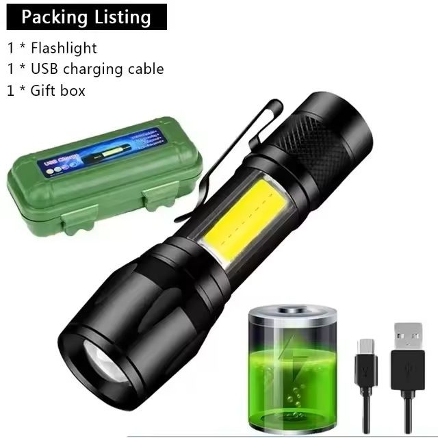 Mini LED Flashlight With COBXPE  USB Rechargeable Zoomable Focus Tactical Design With Pen Clip 5