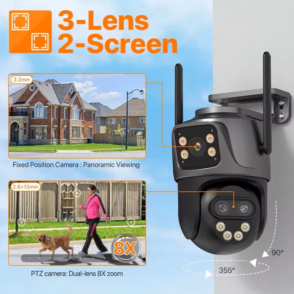 6K 9MP WiFi Outdoor PTZ Security Camera  Triple Lens Dual Screen 8x Zoom AI Motion Tracking 10
