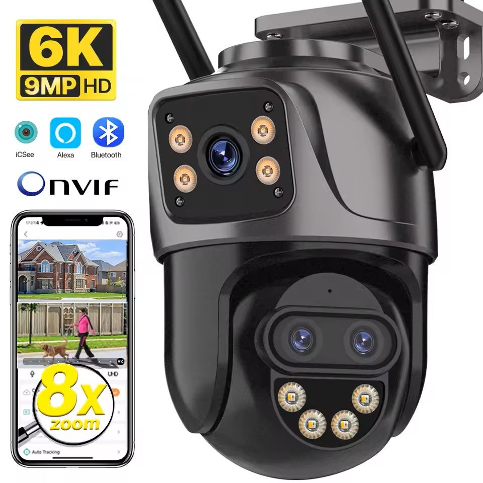 6K 9MP WiFi Outdoor PTZ Security Camera – Triple Lens, Dual Screen, 8x Zoom, AI Motion Tracking