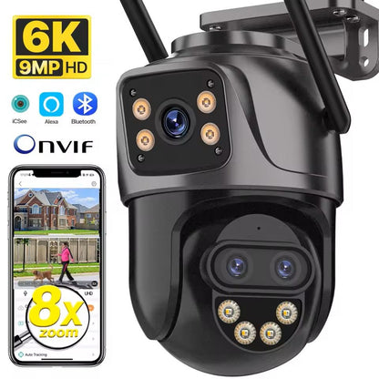 6K 9MP WiFi Outdoor PTZ Security Camera – Triple Lens, Dual Screen, 8x Zoom, AI Motion Tracking