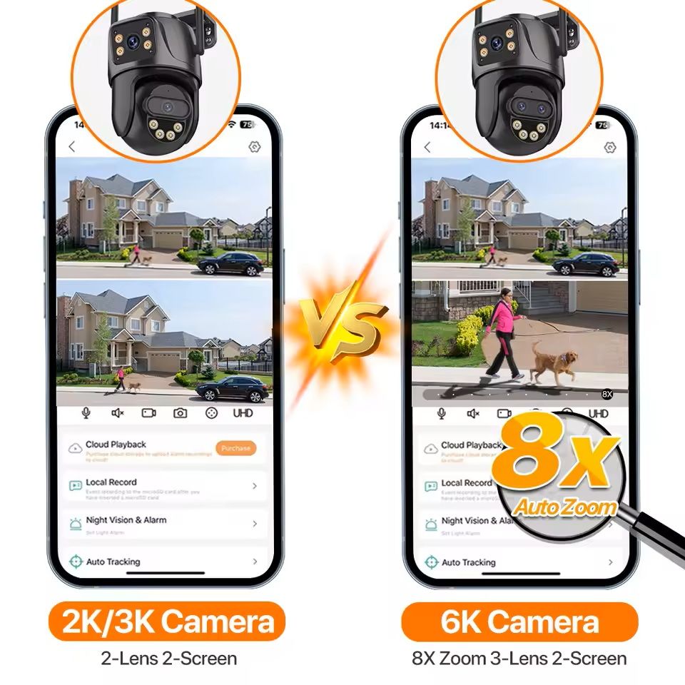 6K 9MP WiFi Outdoor PTZ Security Camera  Triple Lens Dual Screen 8x Zoom AI Motion Tracking 8