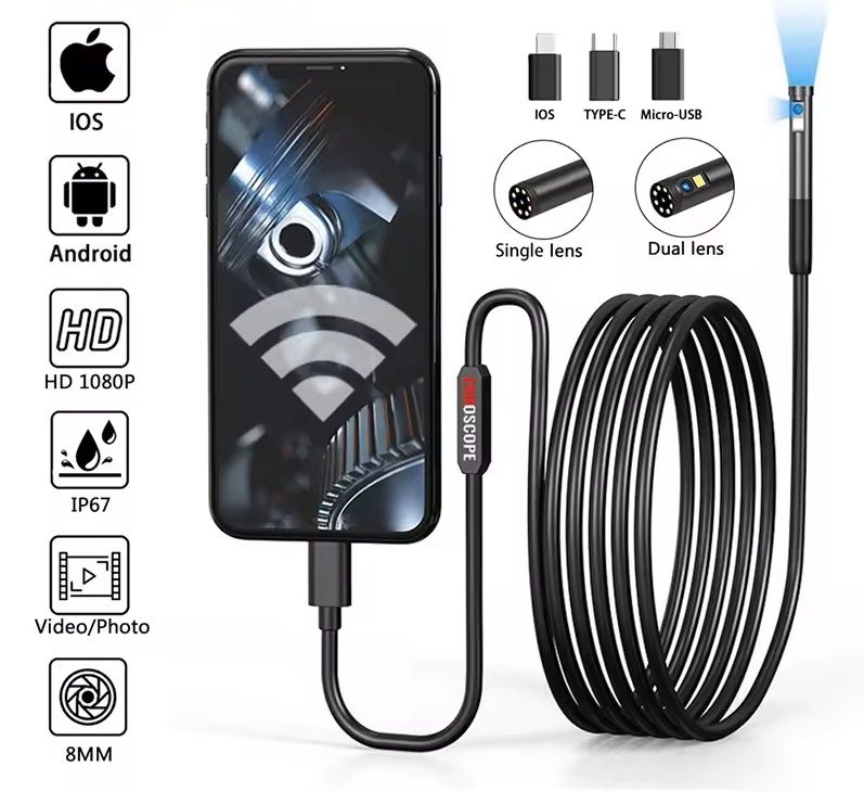3-in-1 Waterproof USB Endoscope Inspection Camera – 8mm Lens, 1200P HD, 6 LED Lights, IP67 Waterproof
