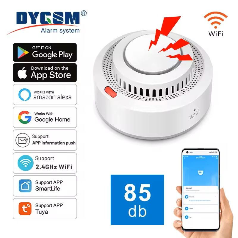 Smart smoke detector alarm installed on ceiling in modern home kitchen