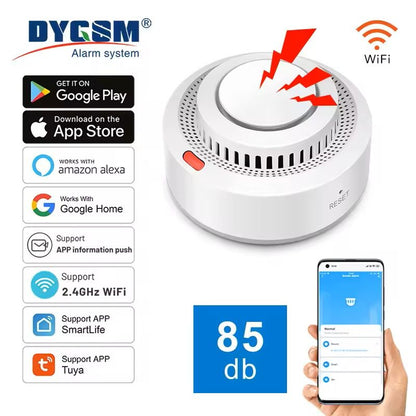 Smart smoke detector alarm installed on ceiling in modern home kitchen