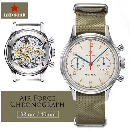 Red Star 1963 Mechanical Pilot Watch with Seagull Movement – 38mm or 40mm Chronograph for Men