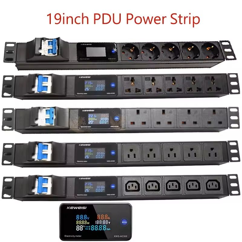 19 Inch Rack Mount PDU Power Strip with Voltmeter Ammeter Wattmeter – EU US UK Plug Options – 16A 32A 4000W 8000W