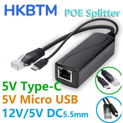 POE Splitter with Micro USB & Type-C Barrel Jack, Compatible with Huawei, Hikvision, Bobcat, Raspberry Pi