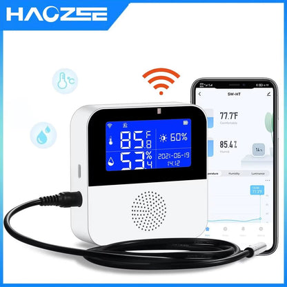 Smart WiFi Temperature and Humidity Sensor, Tuya-Enabled Indoor Thermometer Hygrometer with Backlight LCD Display