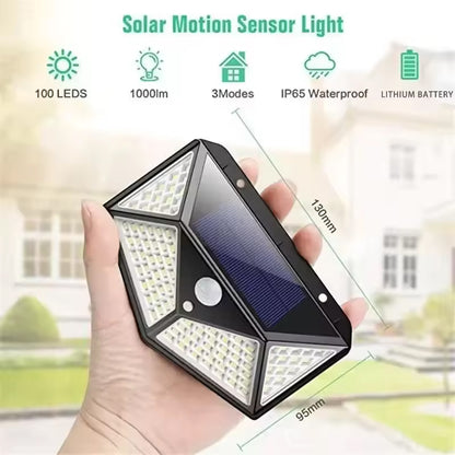 Solar Powered 100LED Motion Sensor Wall Lamp, Waterproof Outdoor Light for Garden, Street, and Railing Decor