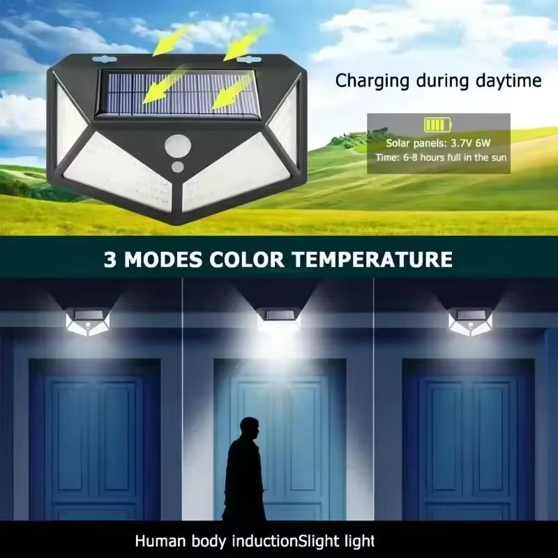 Solar Powered 100LED Motion Sensor Wall Lamp, Waterproof Outdoor Light for Garden, Street, and Railing Decor