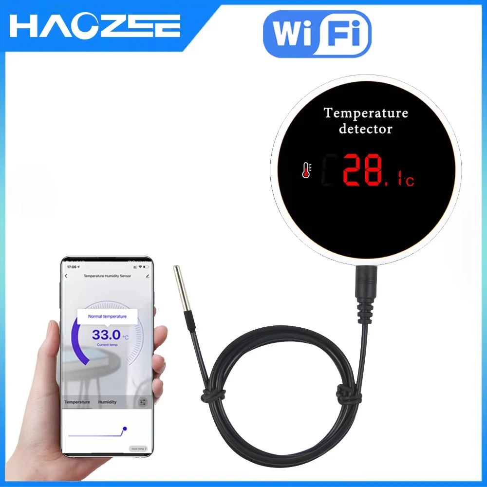 Smart WiFi Thermometer, Tuya-Compatible with External Probe, USB Charging, App Notifications, and Alexa/Google Assistant
