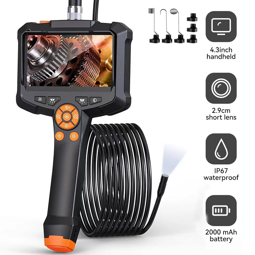 Industrial Endoscope Camera 4.3" Dual Lens 1080P HD Borescope, IP67 Waterproof Sewer & Car Inspection Camera with LED