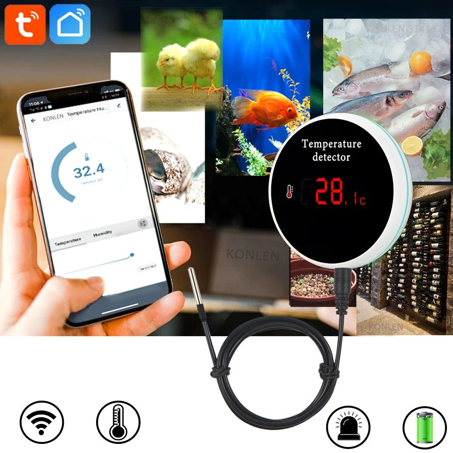 Tuya WiFi Temperature Sensor Waterproof Probe Smart Life Thermometer For Home Pool Freezer Remote M 1