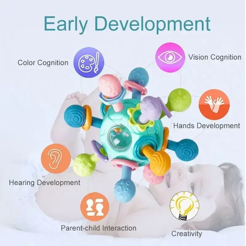 Infant Sensory Teething Toy Baby Rattle Ball Silicone Grasping Activity Toy For Development 2
