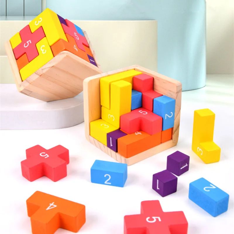 Colorful Wooden Blocks Puzzle Classic Luban Lock Cube 3D Brain Teaser Toy For Kids  Adults 1