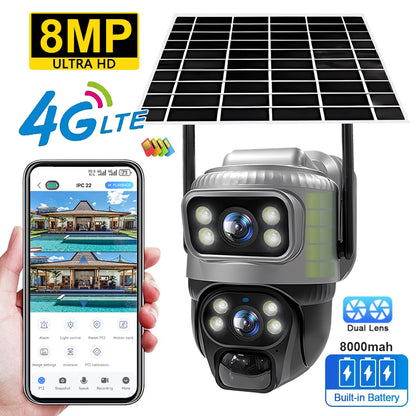 8MP 4K V380 Dual Lens 4G Solar Security Camera, PIR Human Detection, Night Vision, Waterproof IP Cam
