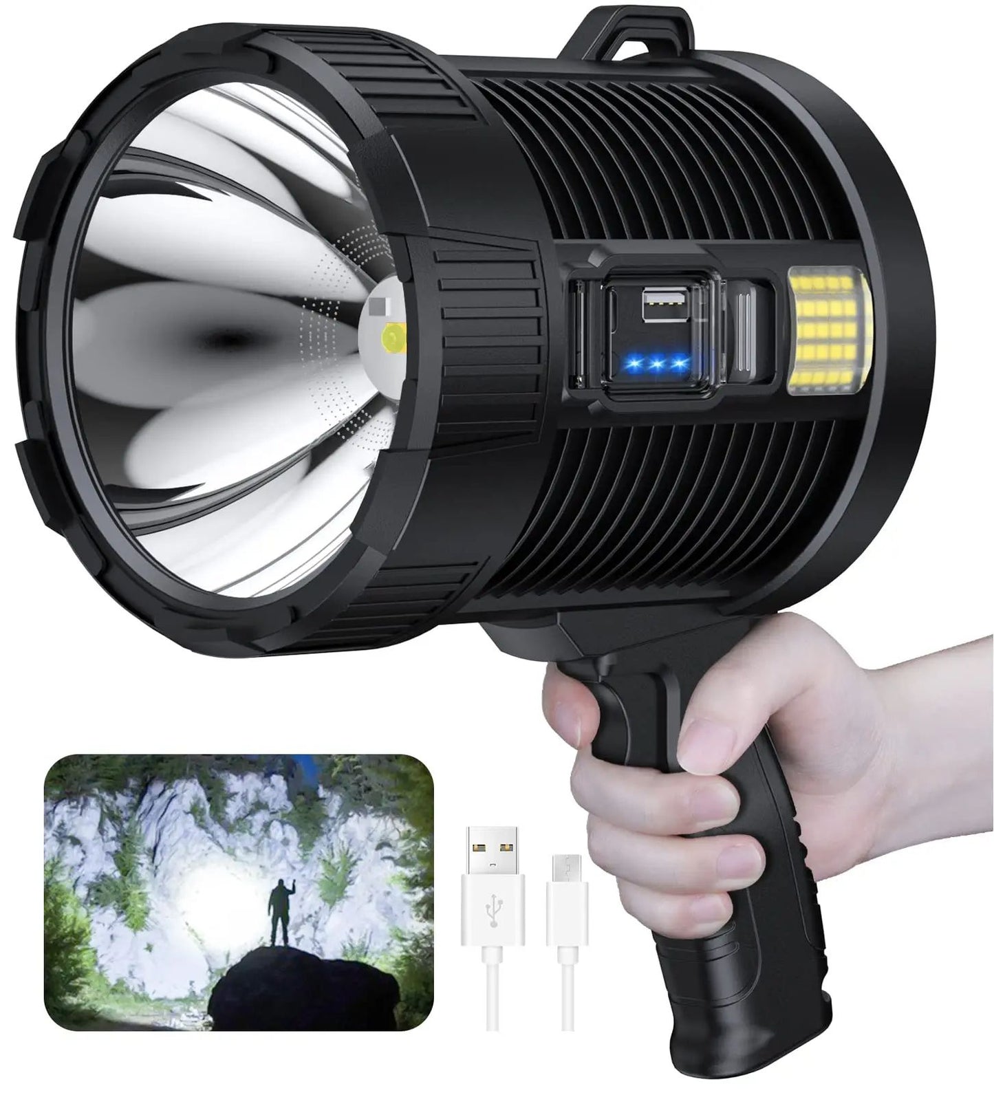 Rechargeable Spotlight Lumens, Handheld Super Bright LED Spot Lights, Solar Powered Searchlight with Side Floodlight
