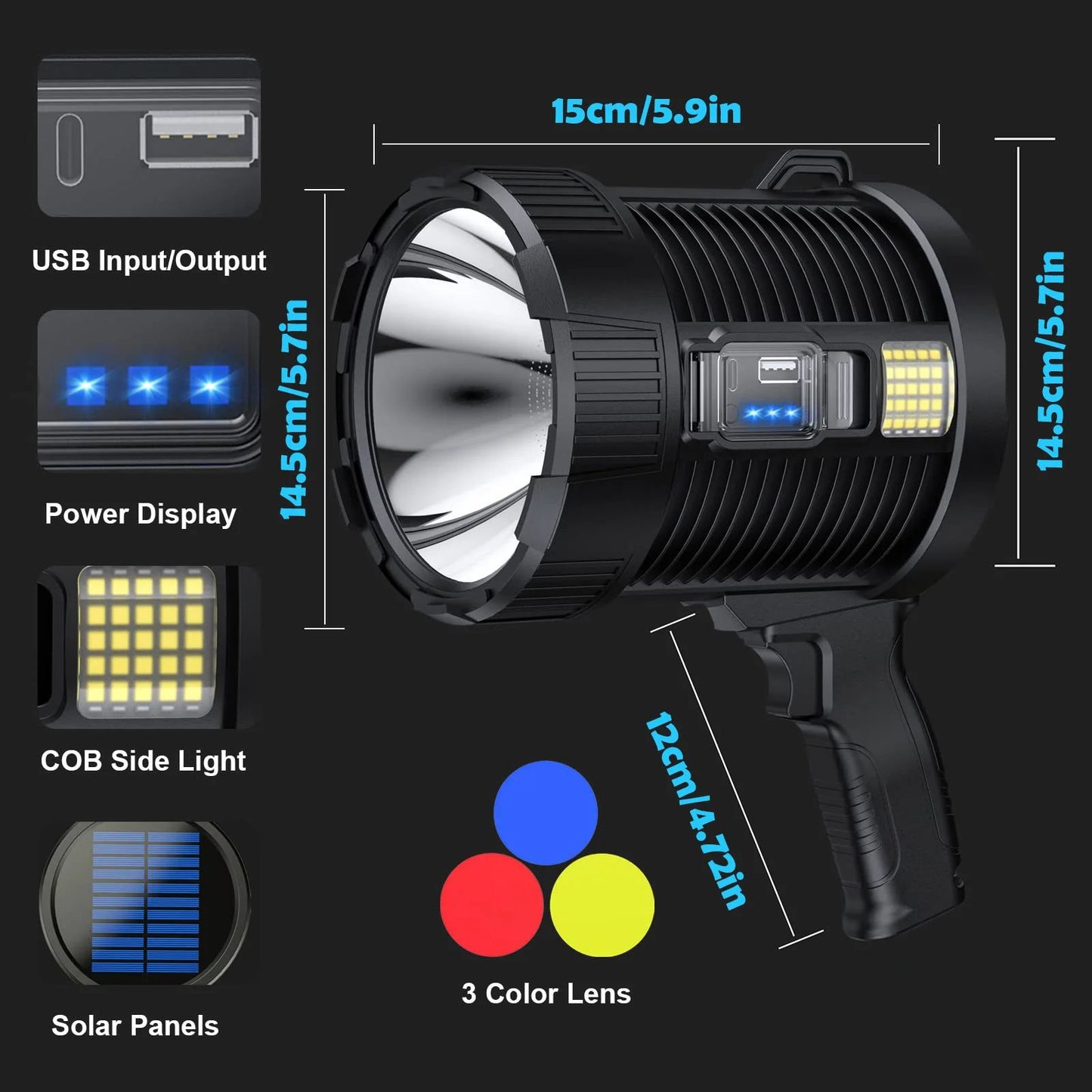 Rechargeable Spotlight Lumens Handheld Super Bright LED Spot Lights Solar Powered Searchlight With  2
