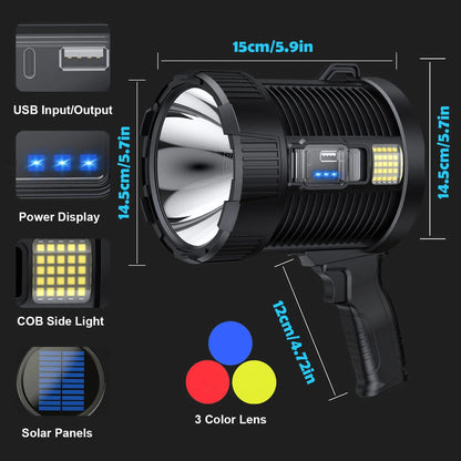Rechargeable Spotlight Lumens Handheld Super Bright LED Spot Lights Solar Powered Searchlight With  2