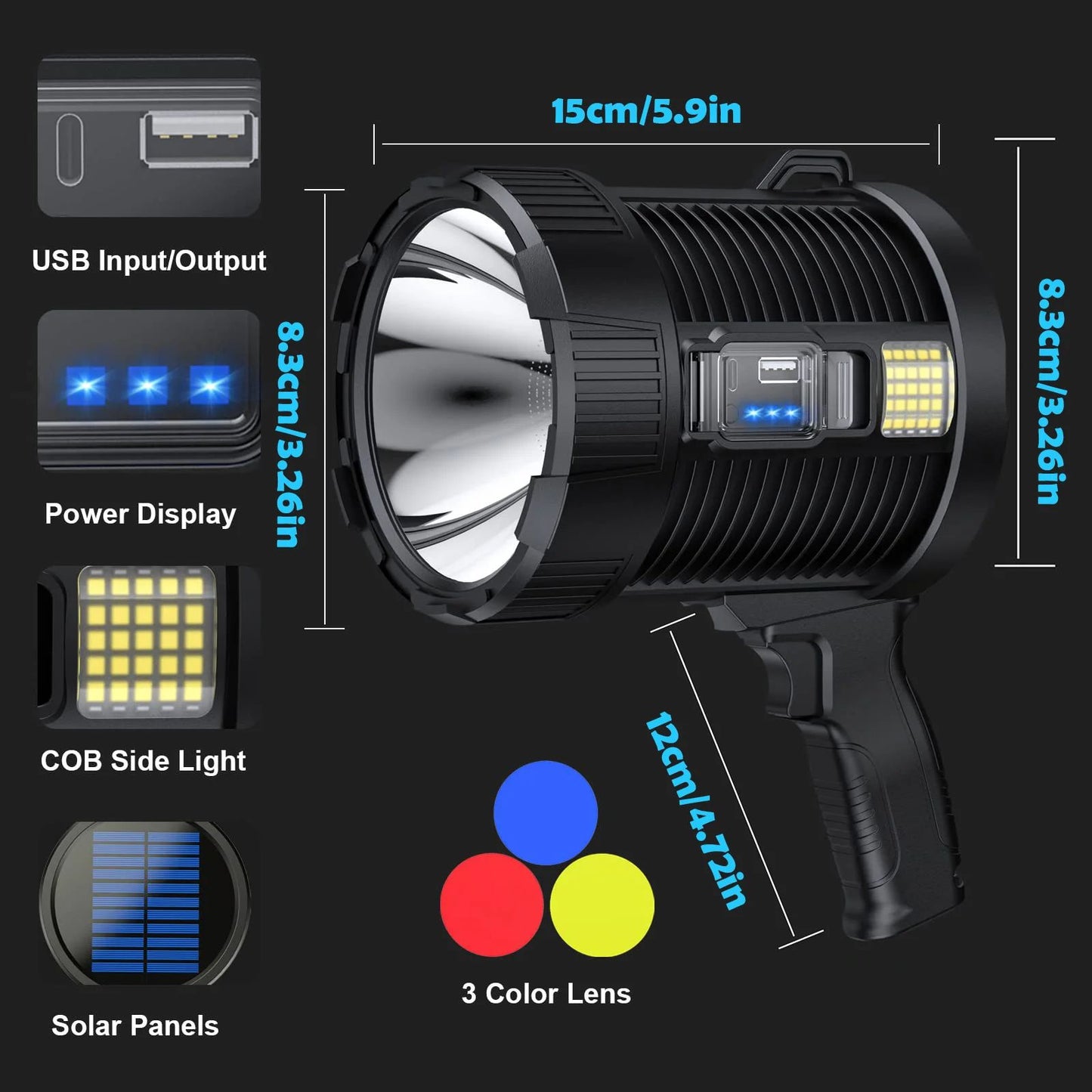 Rechargeable Spotlight Lumens Handheld Super Bright LED Spot Lights Solar Powered Searchlight With  6