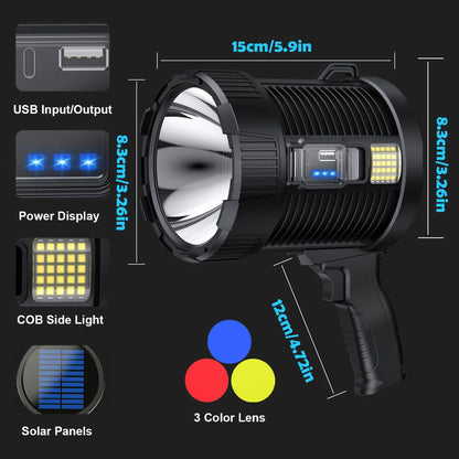Rechargeable Spotlight Lumens Handheld Super Bright LED Spot Lights Solar Powered Searchlight With  6