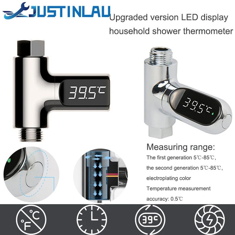 LED Display Household Water Shower Thermometer, Flow Self-powered Thermometer for Baby Care, Energy Monitoring
