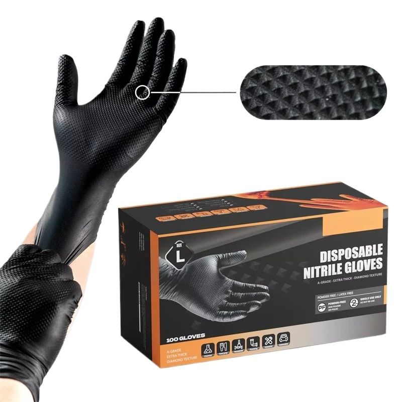 Industrial Black Nitrile Gloves Heavy Duty Disposable Gloves with Diamond Textured Grip, Ideal for Mechanics, Artists