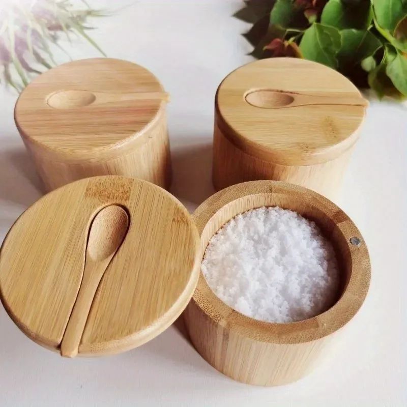 Salt Seasoning Jars Pepper Jar Bamboo Condiment Box Set, Multi Bowls Wood Sugar Container with Lid Storage Pot Holder