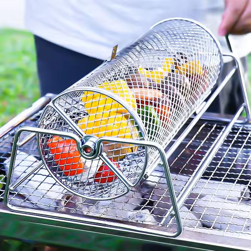 Stainless Steel Rotating BBQ Grill Basket for Roasting and Grilling