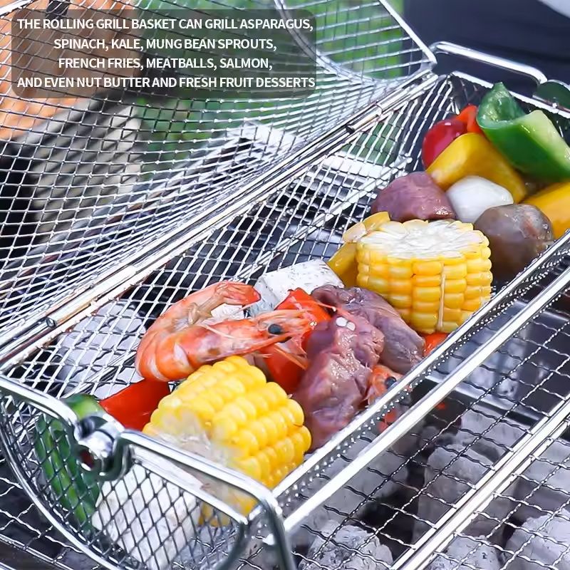 Stainless Steel Rotating BBQ Grill Basket For Roasting And Grilling 1