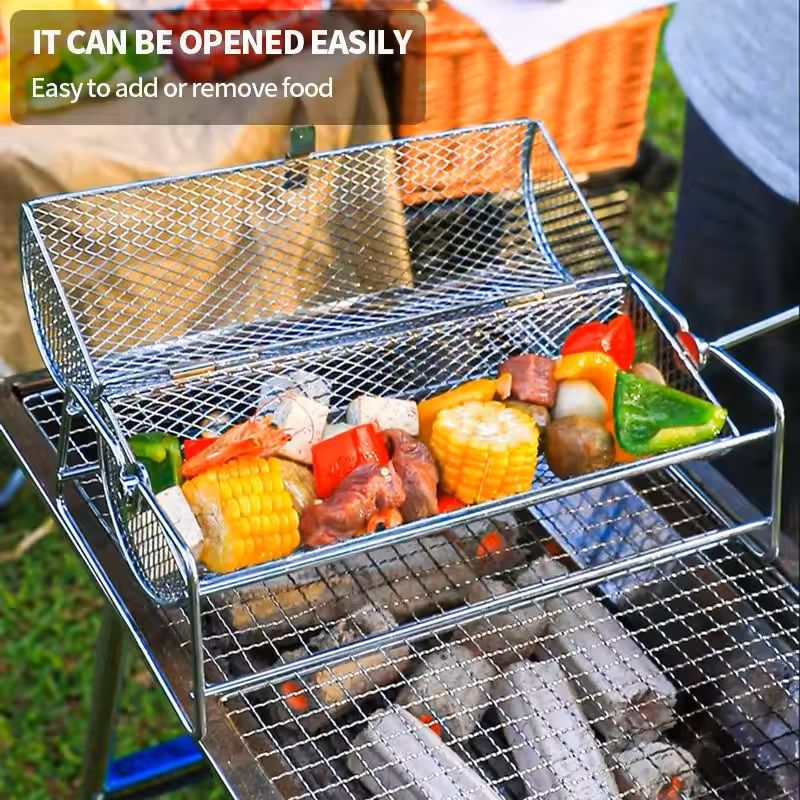 Stainless Steel Rotating BBQ Grill Basket For Roasting And Grilling 6