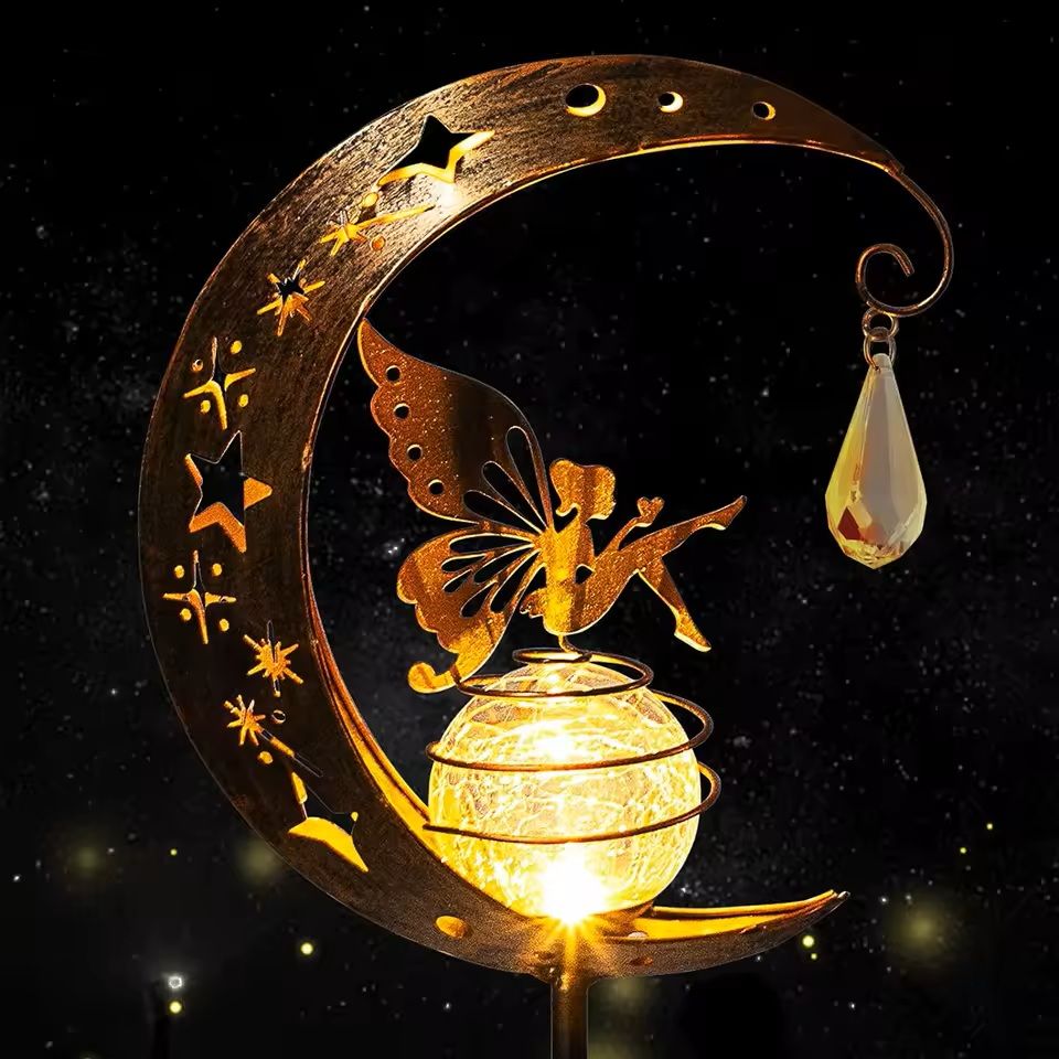 Solar Moon Fairy Garden Light with Crackle Glass Globe and Stake