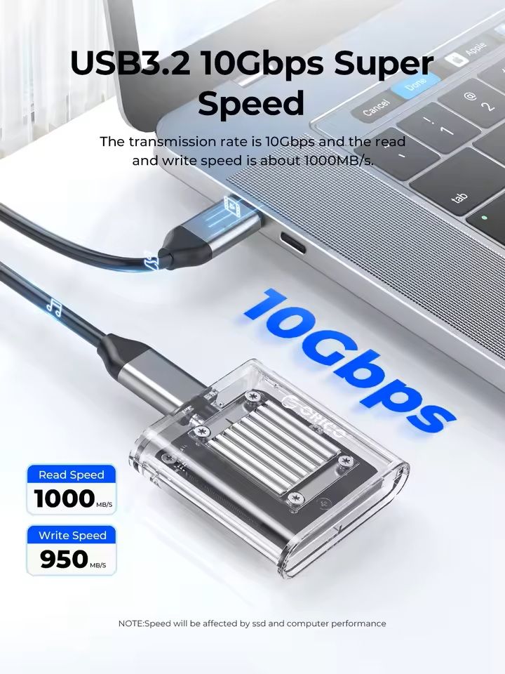 Transparent NVMe SSD Enclosure USB C Adapter 10Gbps 4