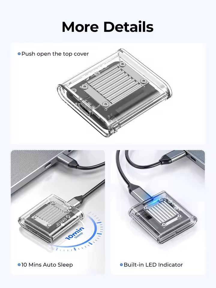 Transparent NVMe SSD Enclosure USB C Adapter 10Gbps 5