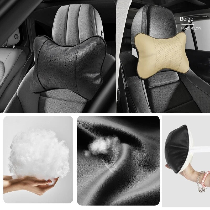 Premium PU Leather Car Neck Pillows Dual Side Support for Head & Neck Pain Relief Breathable Fiber Filled Universal