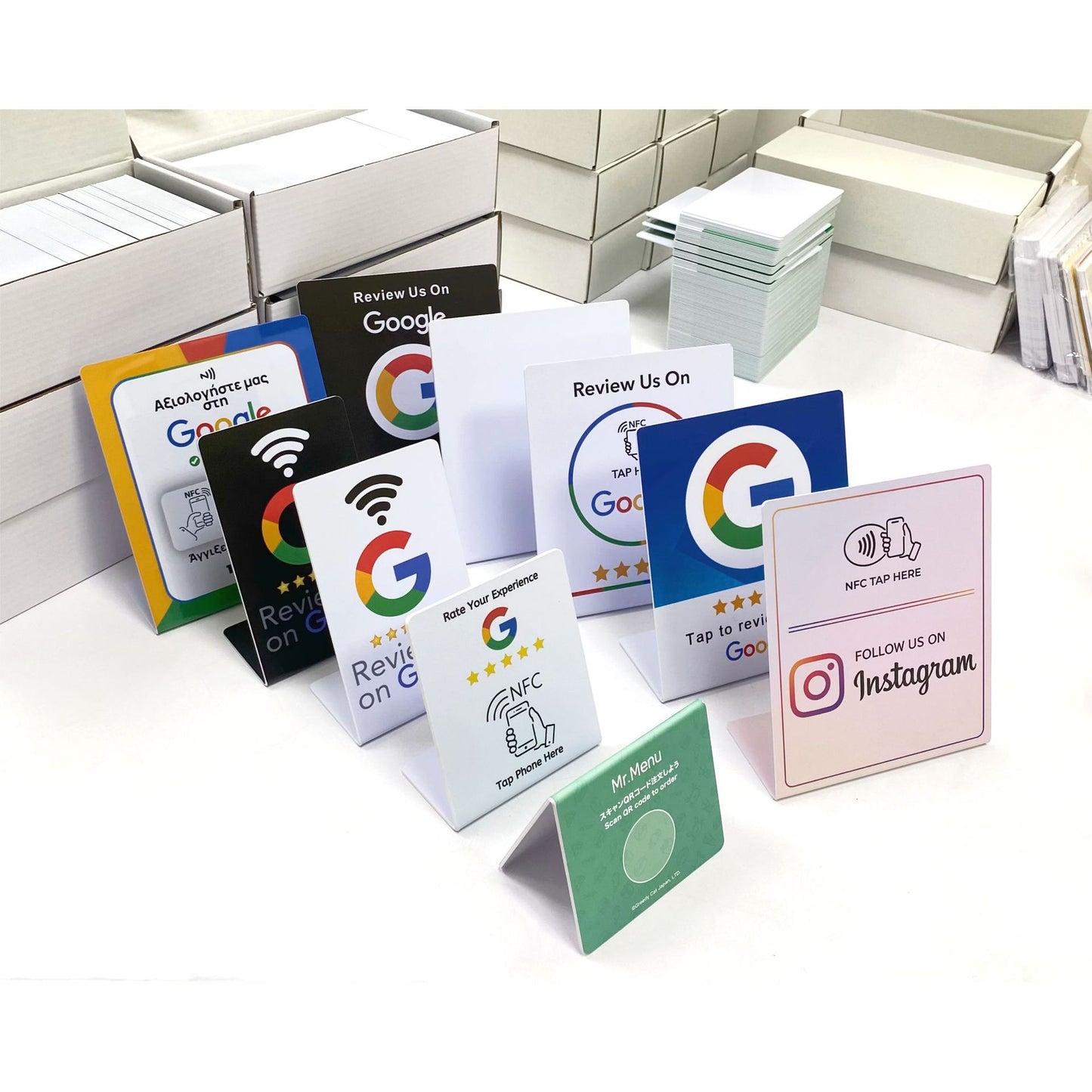Programmable NFC Google Review Station  1356MHz Table Display with Standing Brand Bracket