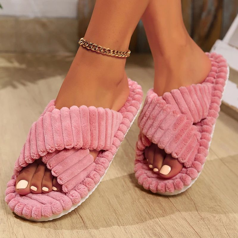 Fashion Corduroy Cross Band Home Slippers for Women – Autumn Winter Warm Plush Indoor Slides with Soft Cotton Sole